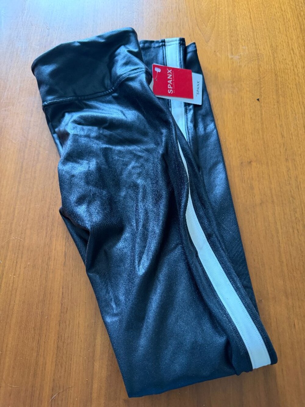 SPANX Black Faux Leather Leggings with white racing stripe (S/P) NWT